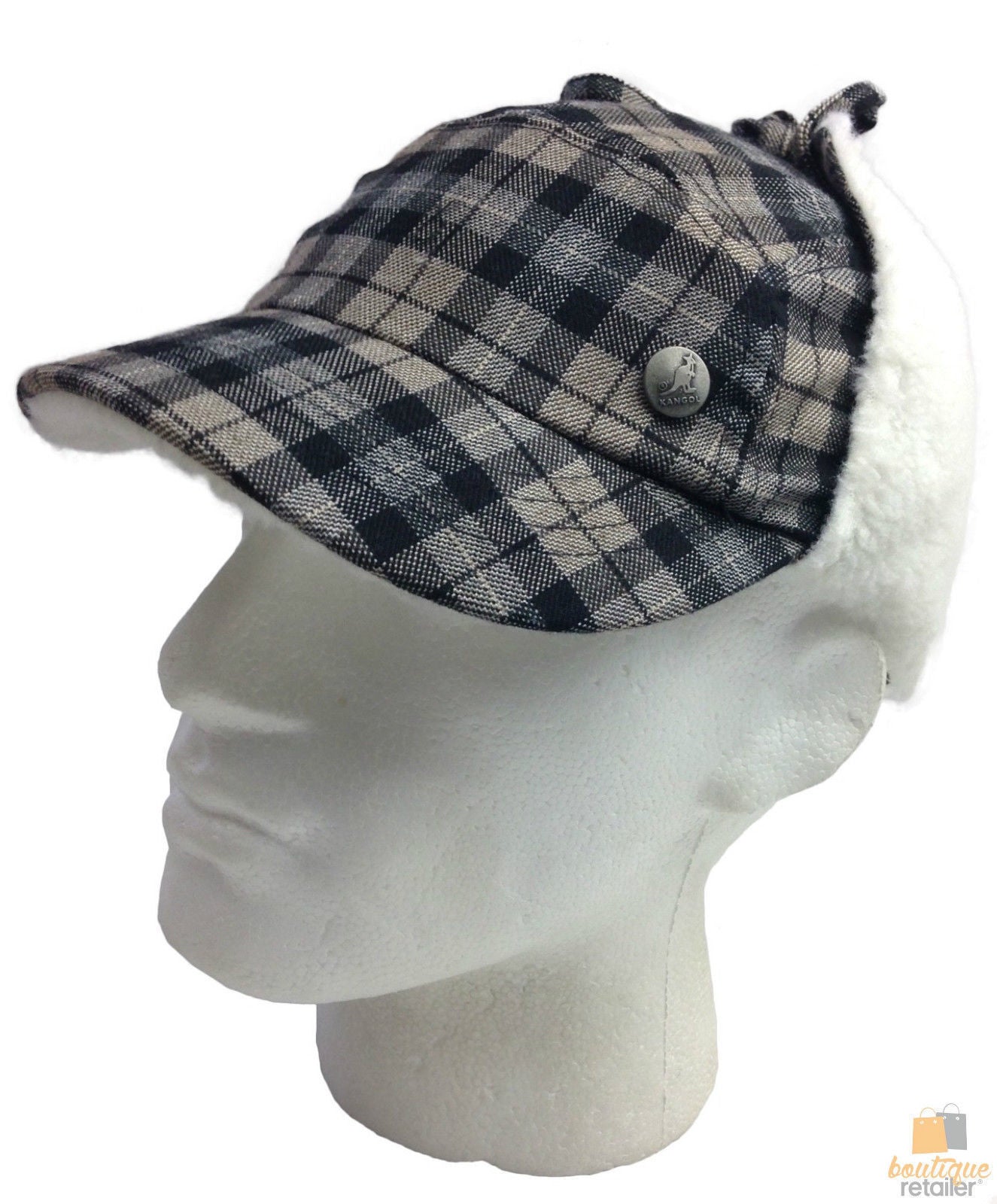 Plaid Supre Trapper Ushanka Hat Sherpa Lined Winter Ear Flap Cap - Black/Grey - S/M V563-KNGOL-K1502FA-VC008-S_M