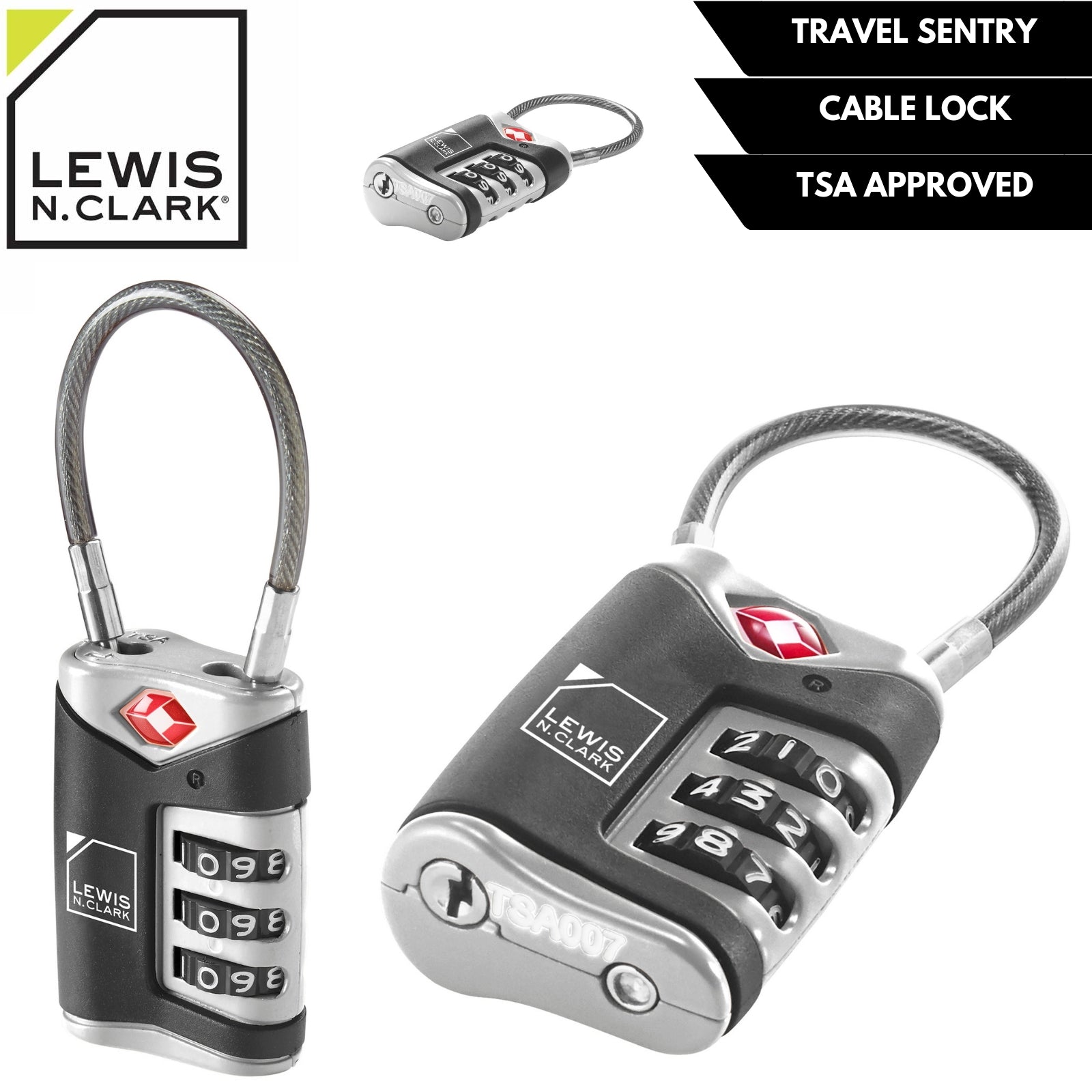 Lewis N. Clark TSA Approved Easy Set Combination Luggage Lock w Steel Cable V563-LC-TSA40-BLK