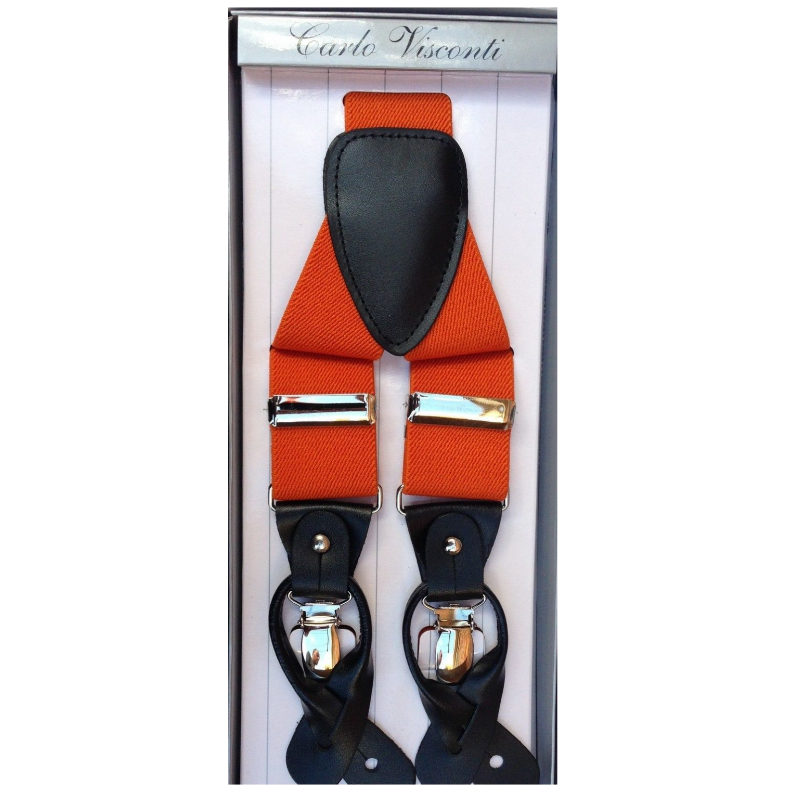 Mens Premium Convertible Suspenders Braces Clip On Elastic Y-Back Traditional Leather Tab - Orange V563-LXRYSUSPENDERS-ORNG