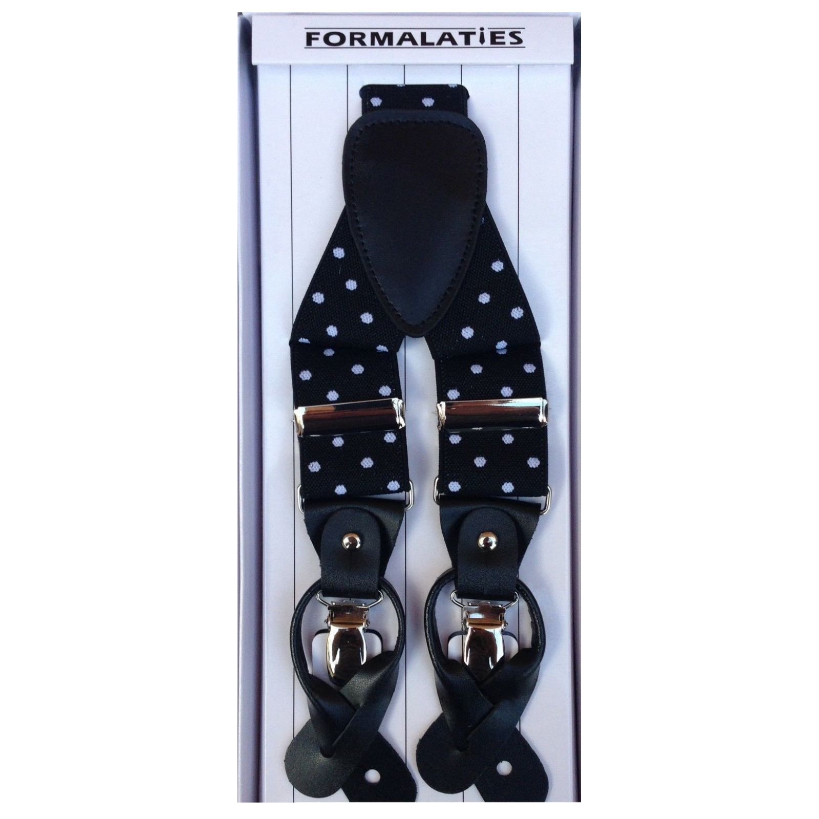 Mens Premium Convertible Suspenders Braces Clip On Elastic Y-Back Traditional Leather Tab - Polka Black/White V563-LXRYSUSPENDERS-PLKBLKWHT