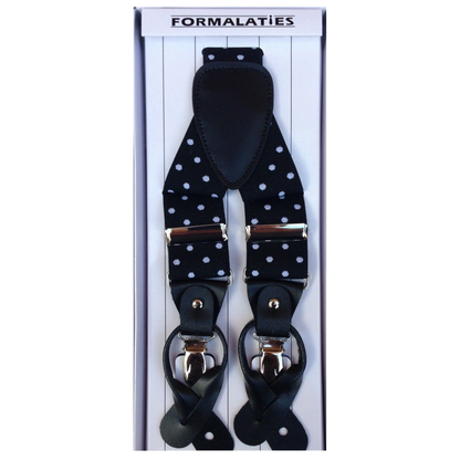 Mens Premium Convertible Suspenders Braces Clip On Elastic Y-Back Traditional Leather Tab - Polka Black/White V563-LXRYSUSPENDERS-PLKBLKWHT