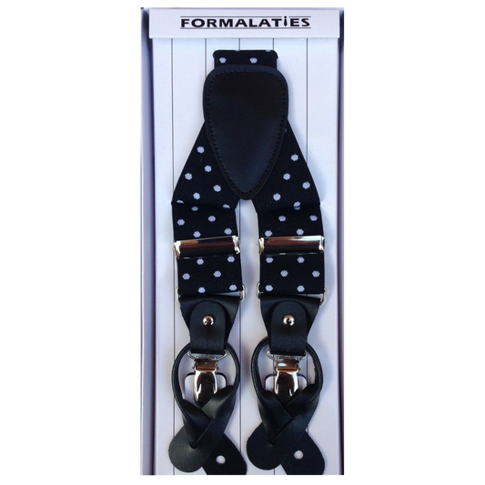 Mens Premium Convertible Suspenders Braces Clip On Elastic Y-Back Traditional Leather Tab - Polka Black/White V563-LXRYSUSPENDERS-PLKBLKWHT