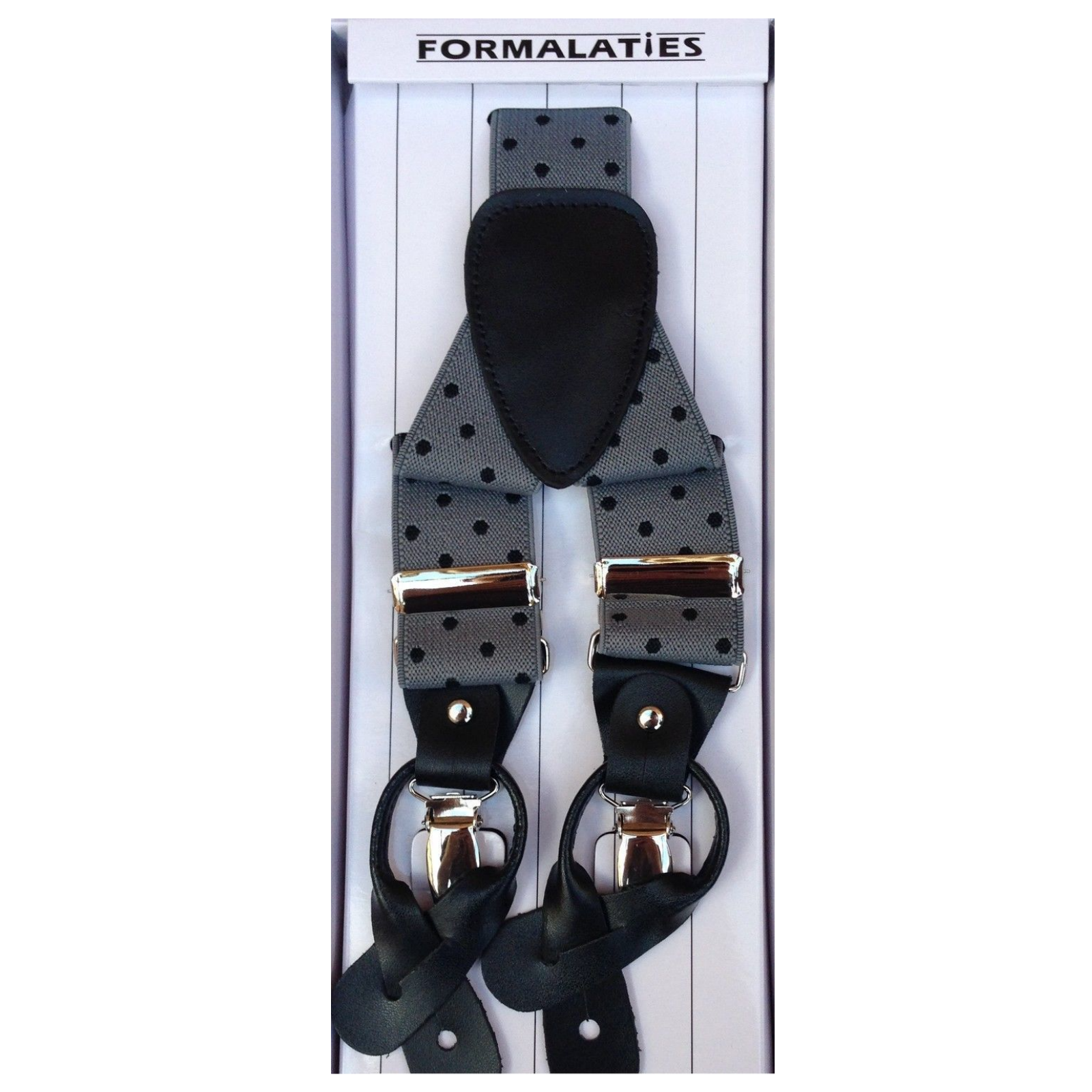 Mens Premium Convertible Suspenders Braces Clip On Elastic Y-Back Traditional Leather Tab - Polka Grey/Black V563-LXRYSUSPENDERS-PLKGRYBLK