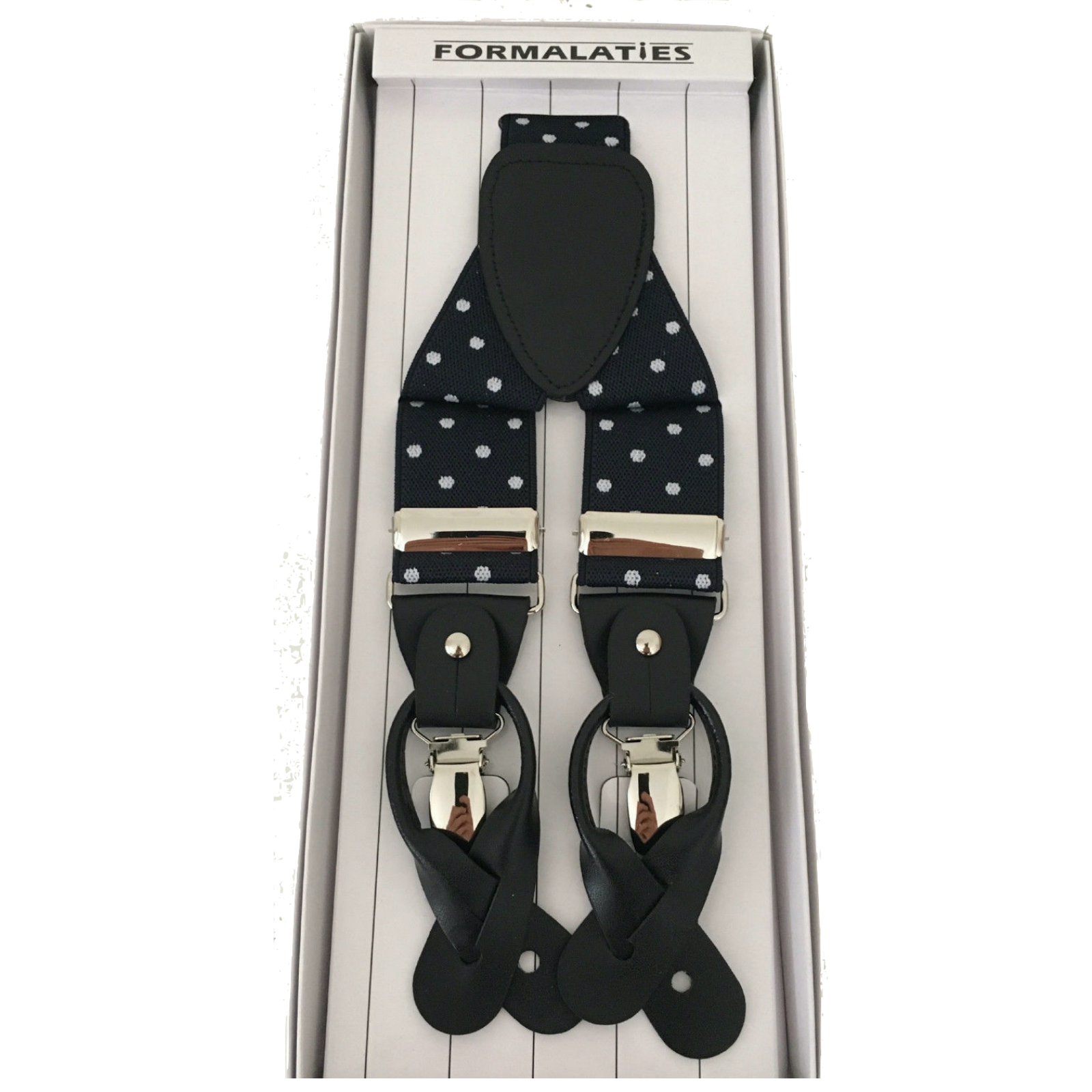 Mens Premium Convertible Suspenders Braces Clip On Elastic Y-Back Traditional Leather Tab - Polka Navy/White V563-LXRYSUSPENDERS-PLKNVYWHT