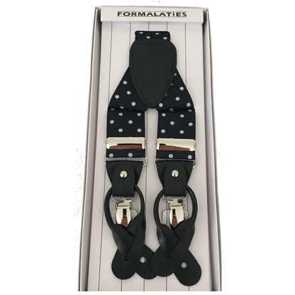 Mens Premium Convertible Suspenders Braces Clip On Elastic Y-Back Traditional Leather Tab - Polka Navy/White V563-LXRYSUSPENDERS-PLKNVYWHT