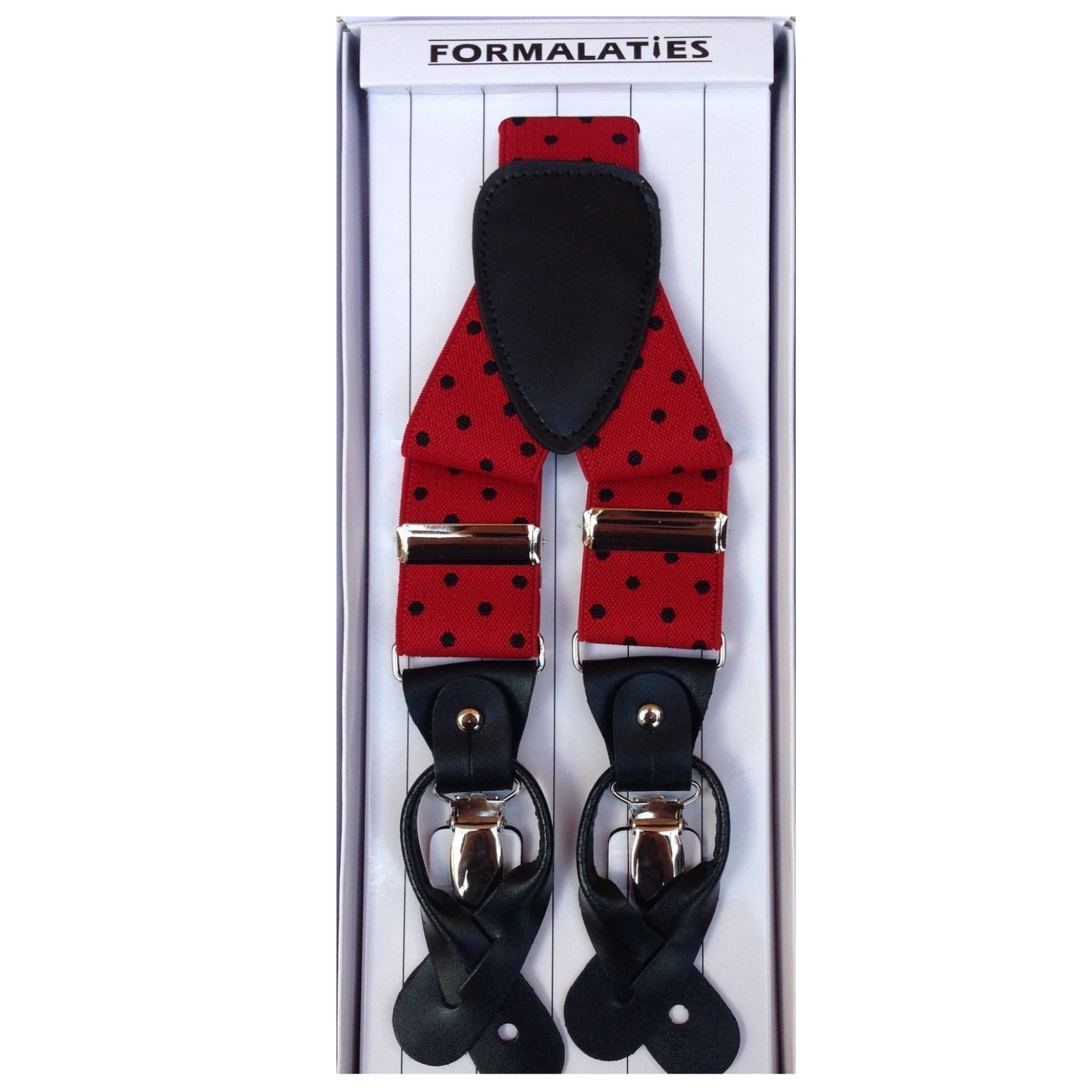 Mens Premium Convertible Suspenders Braces Clip On Elastic Y-Back Traditional Leather Tab - Polka Red/Black V563-LXRYSUSPENDERS-PLKREDBLK