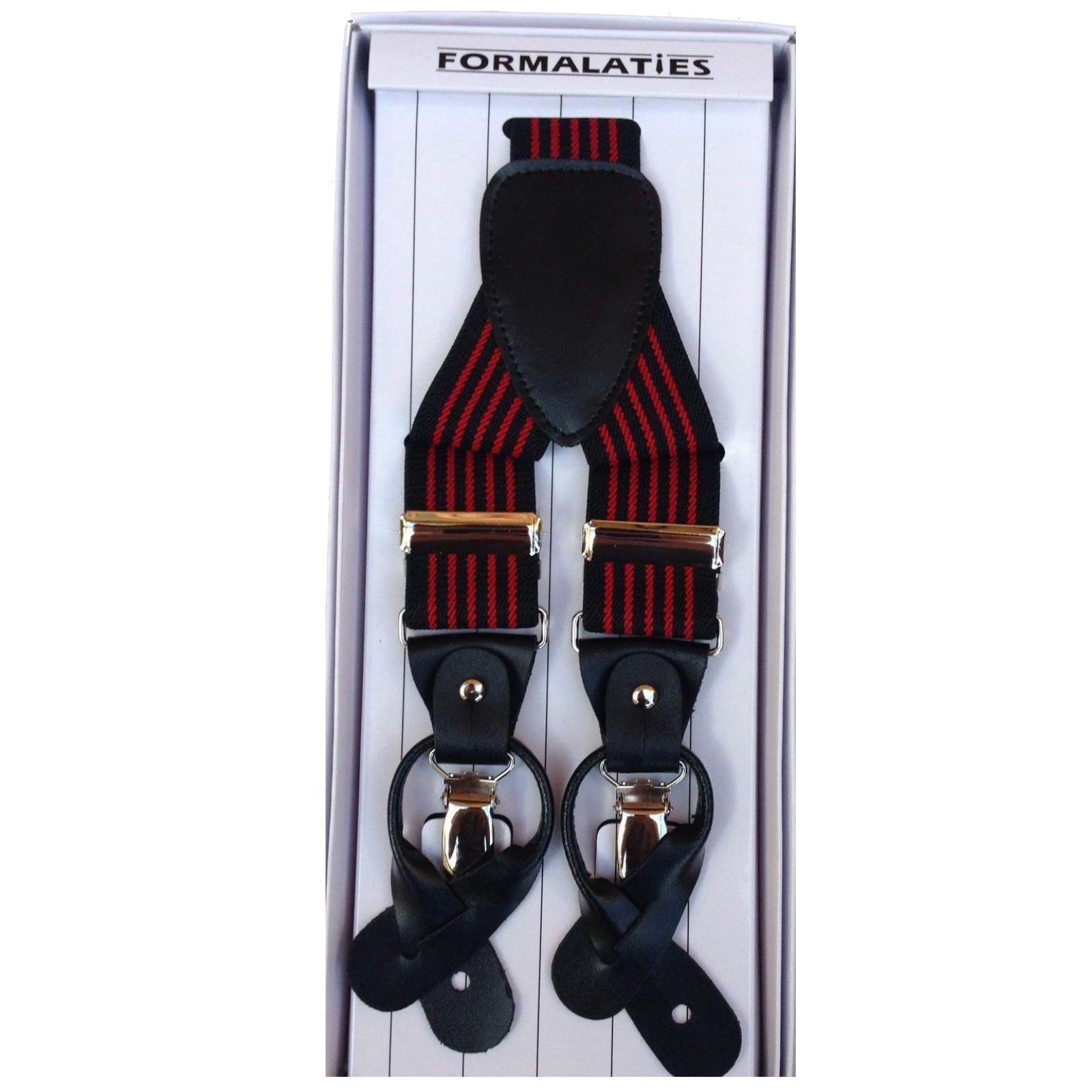 Mens Premium Convertible Suspenders Braces Clip On Elastic Y-Back Traditional Leather Tab - Stripe Black/Red V563-LXRYSUSPENDERS-STRBLKRED