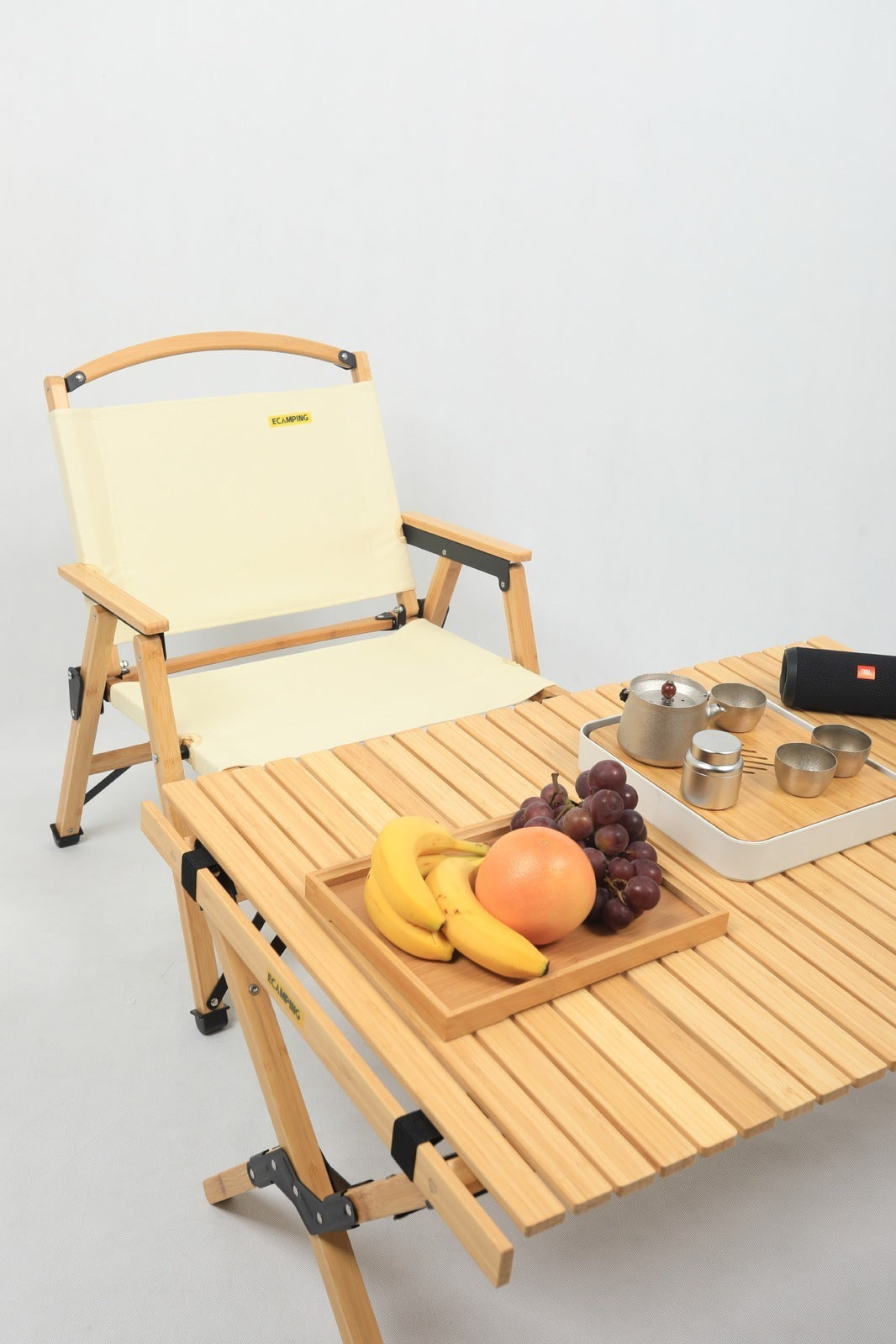 4x Bamboo Canvas Foldable Outdoor Camping Chair Wooden Picnic Park - Khaki/Beige V563-MD019M-NW_4X
