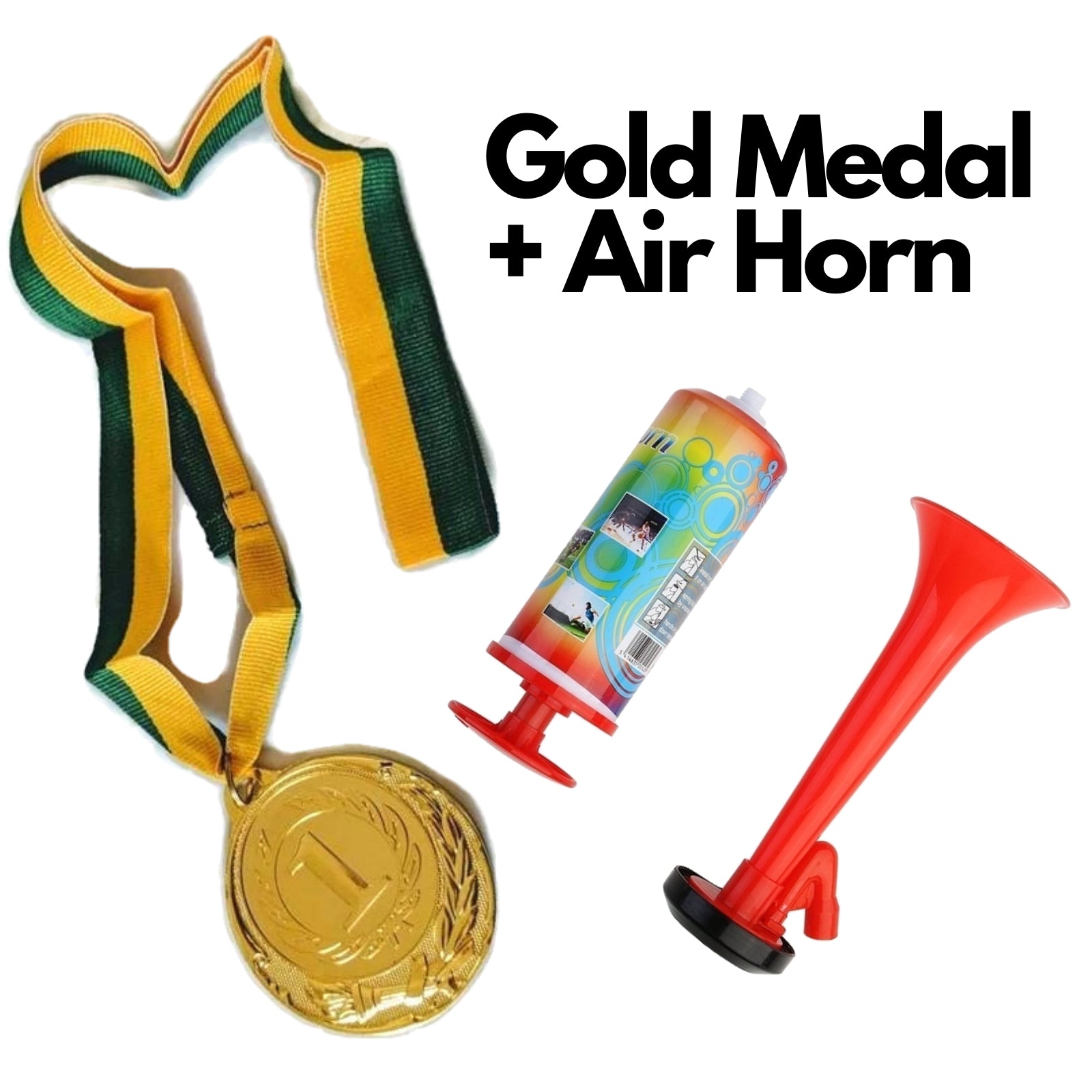 1st Gold Medal Winner + Air Horn Party Set School Sports Day Olympics Ribbon V563-MEDALHORNPARTYSET
