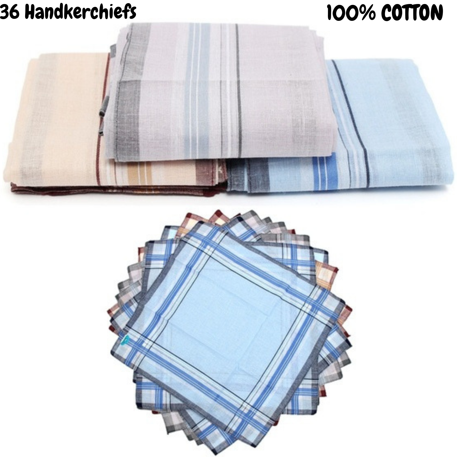 Mens HANDKERCHIEFS 100% Cotton Pocket Square Hanky Handkerchief 35x35cm - 36 Hankies V563-MENSHANDKERCHIEFS-9PK