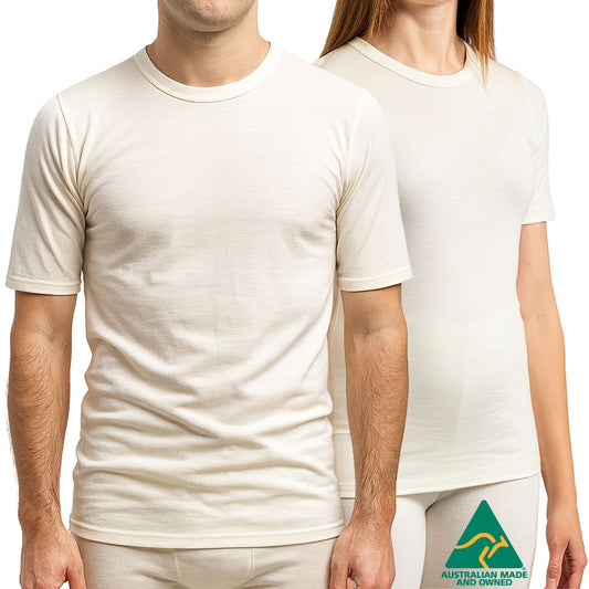 MERINO SKINS Crew Neck Short Sleeve T-Shirt Top 100% Wool Underwear Thermals in Natural - Medium (96cm) V563-MERINOS-CRWSS-NAT-M96