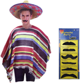 3pc Set Mens Mexican Poncho + Sombrero + Moustache Spanish Cowboy Costume Party V563-MEXICANCOSTUMESET