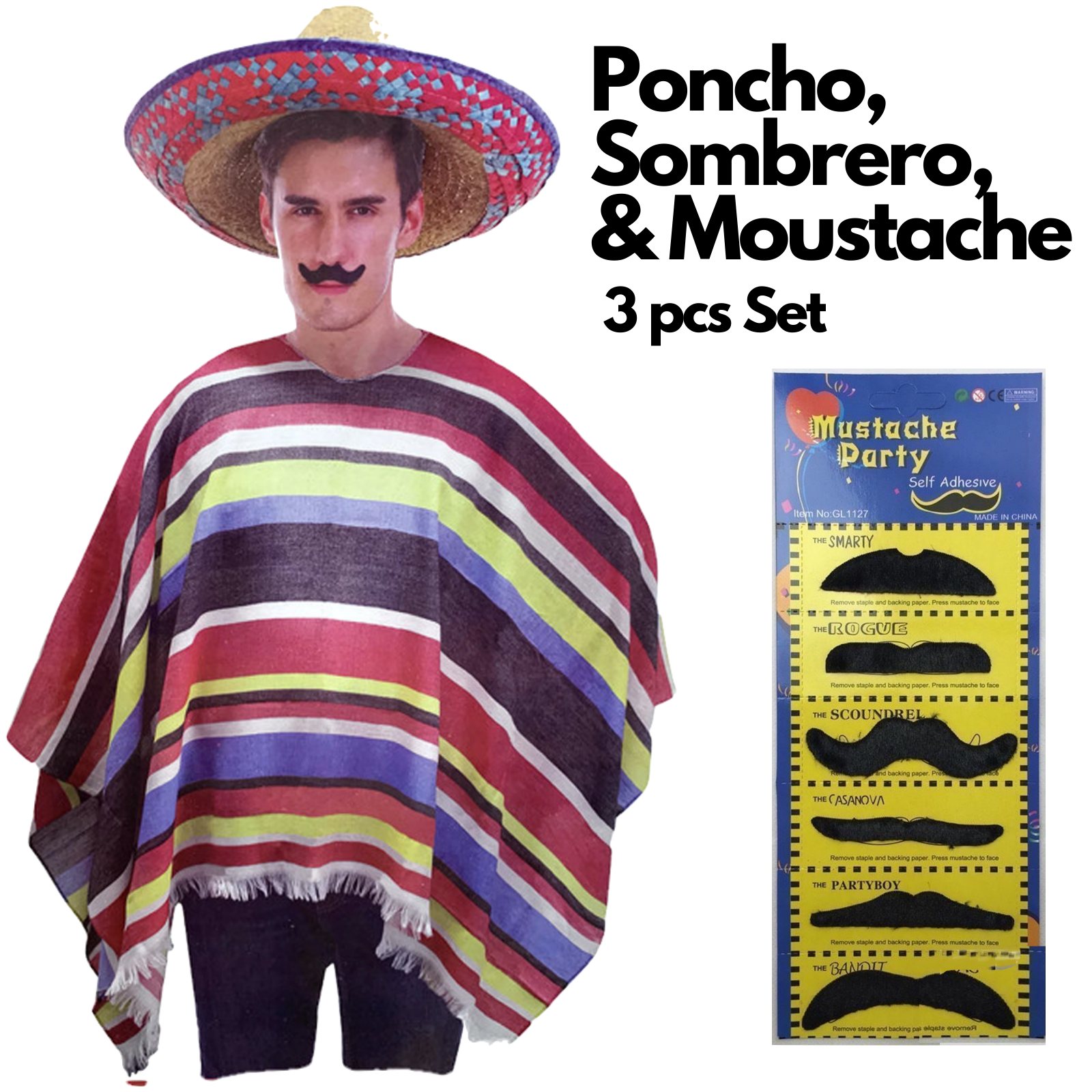 3pc Set Mens Mexican Poncho + Sombrero + Moustache Spanish Cowboy Costume Party V563-MEXICANCOSTUMESET