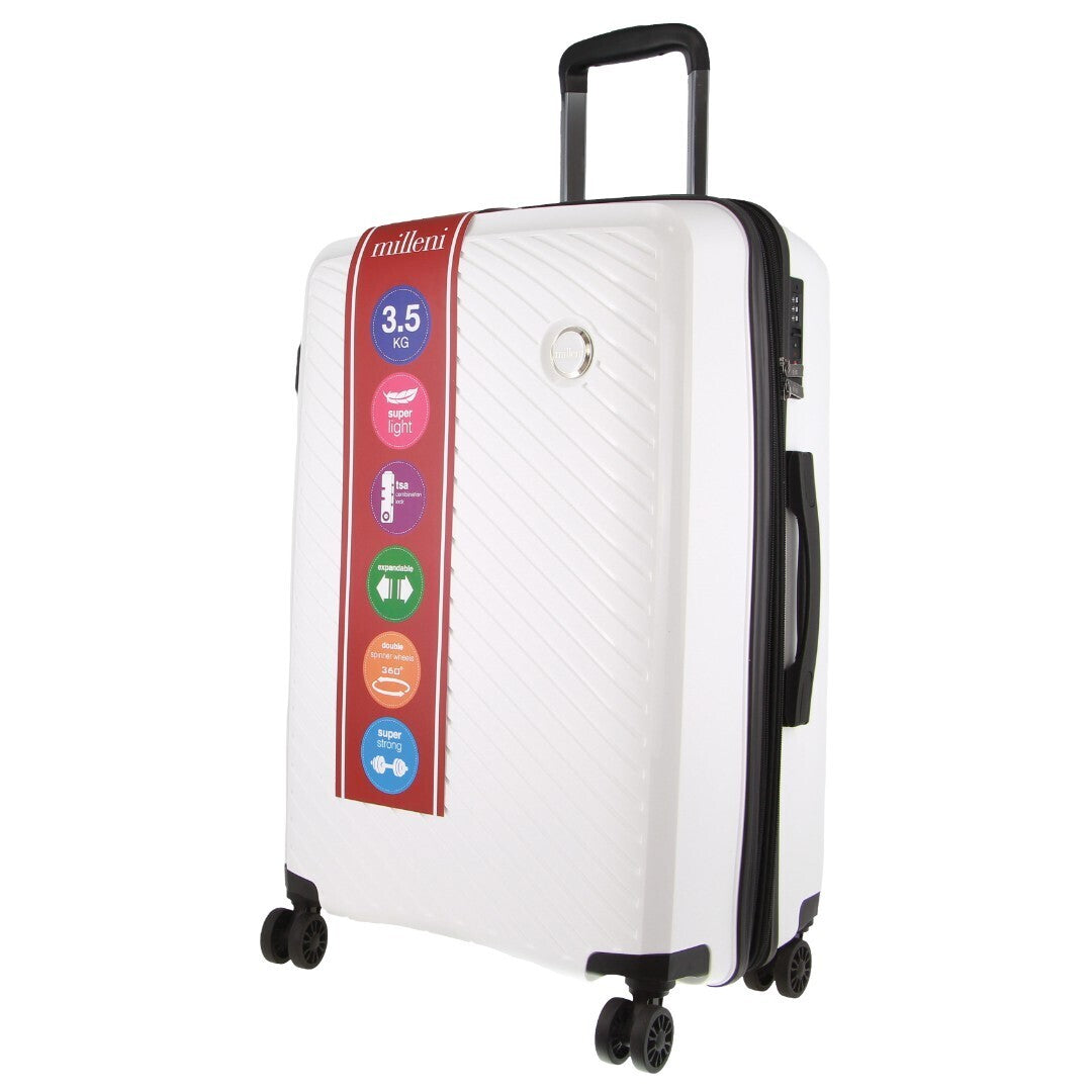 Pierre Cardin Inspired Milleni Checked Luggage Bag Travel Carry On Suitcase 65cm (82.5L) - White V563-MONACO-MEDIUM-WHITE