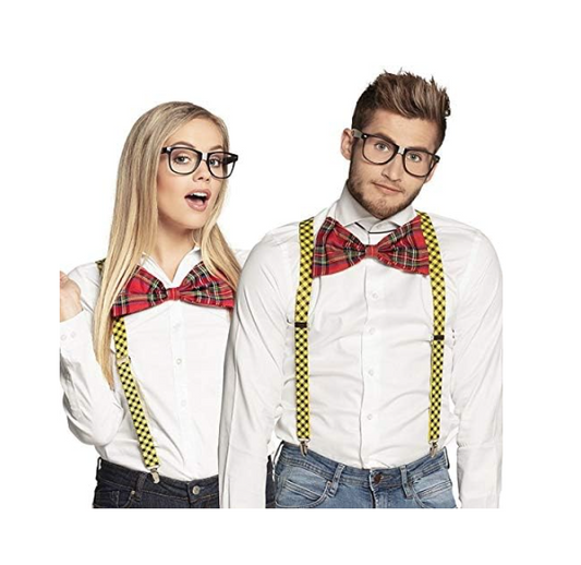 NERD COSTUME KIT Set Geek Glasses Fancy Dress Retro Funny Braces Bow Tie Party V563-NERDKIT