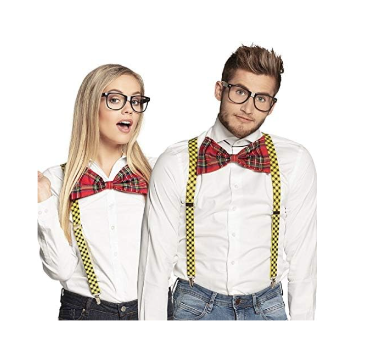 NERD COSTUME KIT Set Geek Glasses Fancy Dress Retro Funny Braces Bow Tie Party V563-NERDKIT