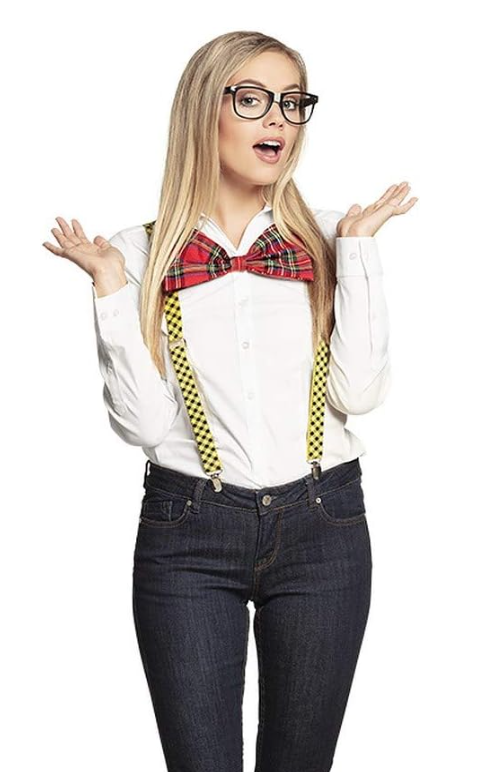NERD COSTUME KIT Set Geek Glasses Fancy Dress Retro Funny Braces Bow Tie Party V563-NERDKIT