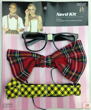 NERD COSTUME KIT Set Geek Glasses Fancy Dress Retro Funny Braces Bow Tie Party V563-NERDKIT