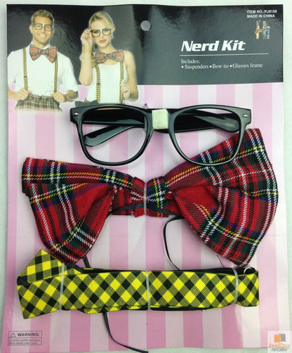 NERD COSTUME KIT Set Geek Glasses Fancy Dress Retro Funny Braces Bow Tie Party V563-NERDKIT