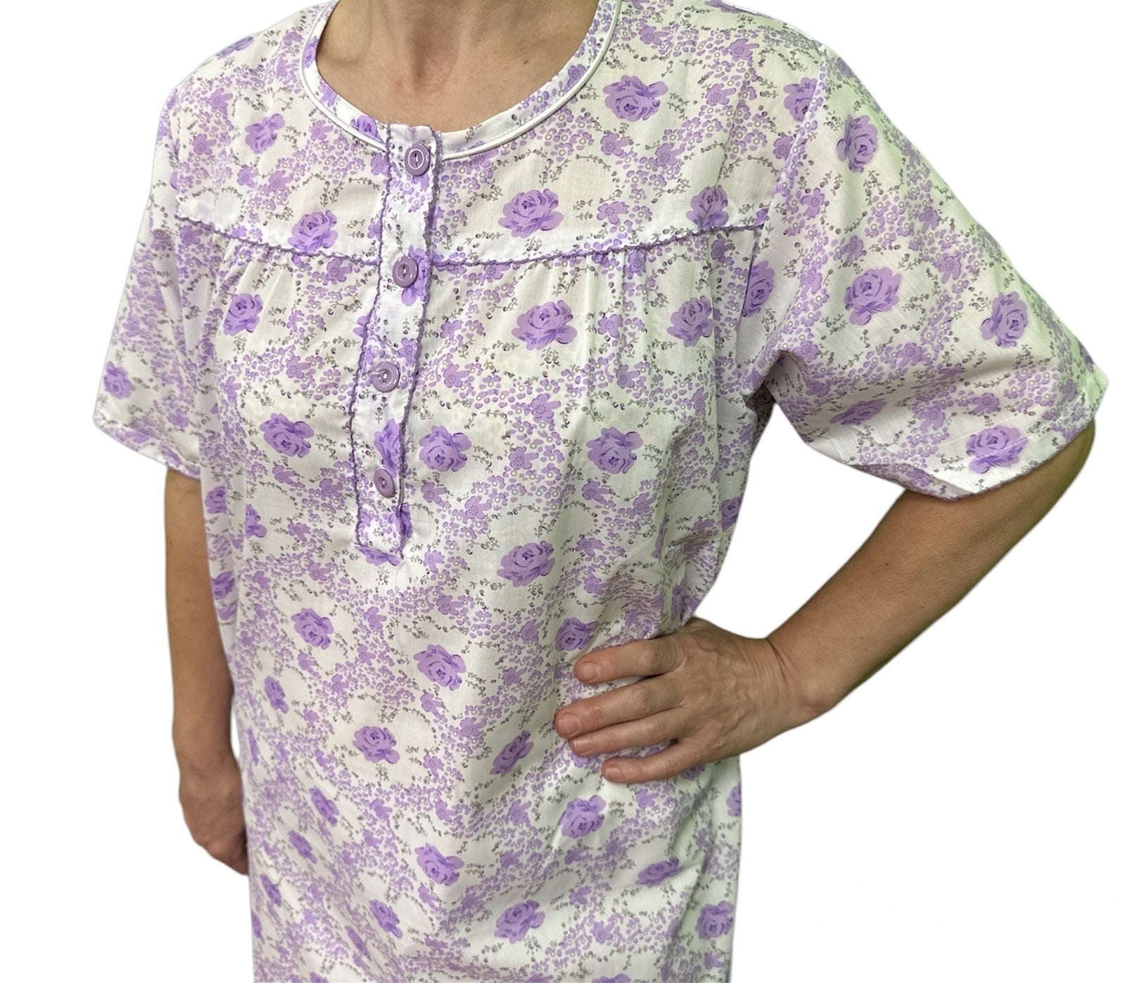 Womens 100% Cotton Short Sleeve Nightie Gown Night Sleepwear Pyjamas PJ Pajamas - Lilac - 14