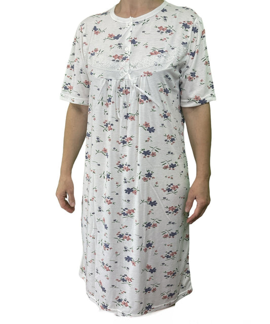Womens Ladies Cotton Nightie Night Gown Slip Petticoat PJs Sleepwear Dress - White/Pink - 12 V563-NI-006-PINK-12