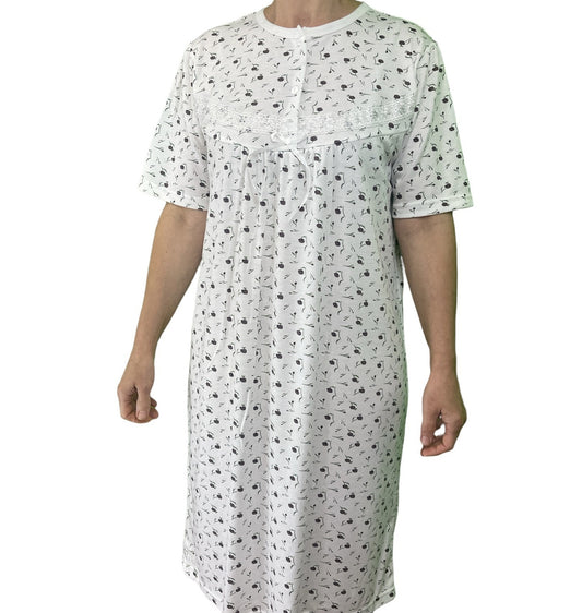 Womens Ladies Cotton Nightie Night Gown Slip Petticoat PJs Sleepwear Dress - White/Purple - 12 V563-NI-006-PURPLE-12