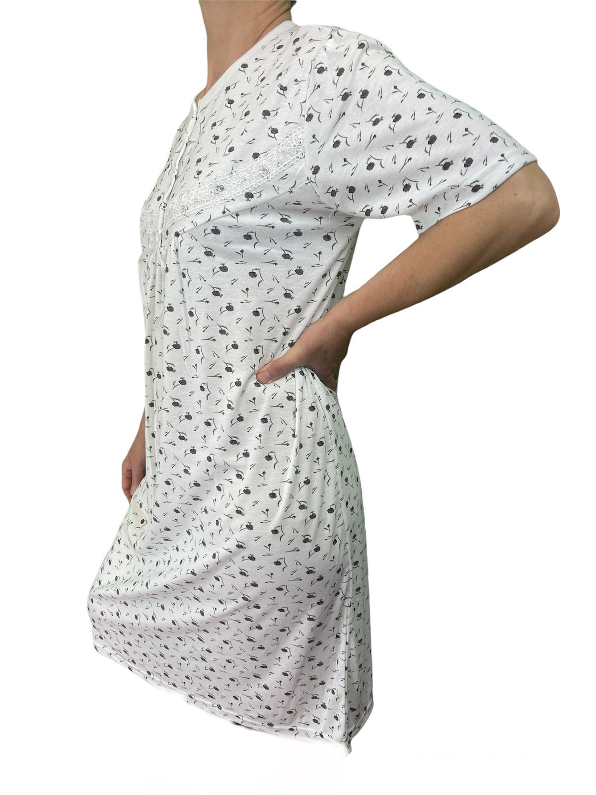 Womens Ladies Cotton Nightie Night Gown Slip Petticoat PJs Sleepwear Dress - White/Purple - 14
