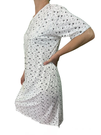 Womens Ladies Cotton Nightie Night Gown Slip Petticoat PJs Sleepwear Dress - White/Purple - 20 V563-NI-006-PURPLE-20