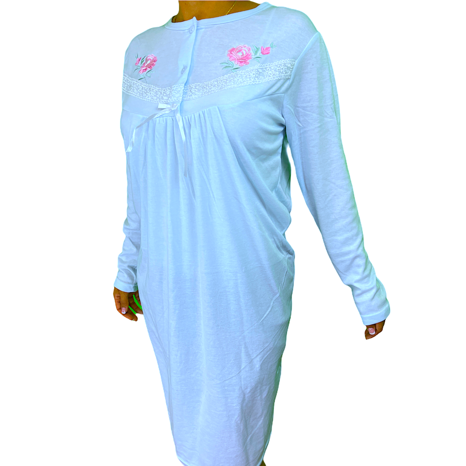 Womens Cotton Nightie Long Sleeve Night Gown Pyjamas Sleepwear Lace PJ - Blue - 12