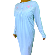 Womens Cotton Nightie Long Sleeve Night Gown Pyjamas Sleepwear Lace PJ - Blue - 18