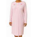 Womens Cotton Nightie Long Sleeve Night Gown Pyjamas Sleepwear Lace PJ - Pink - 18