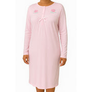 Womens Cotton Nightie Long Sleeve Night Gown Pyjamas Sleepwear Lace PJ - Pink - 18