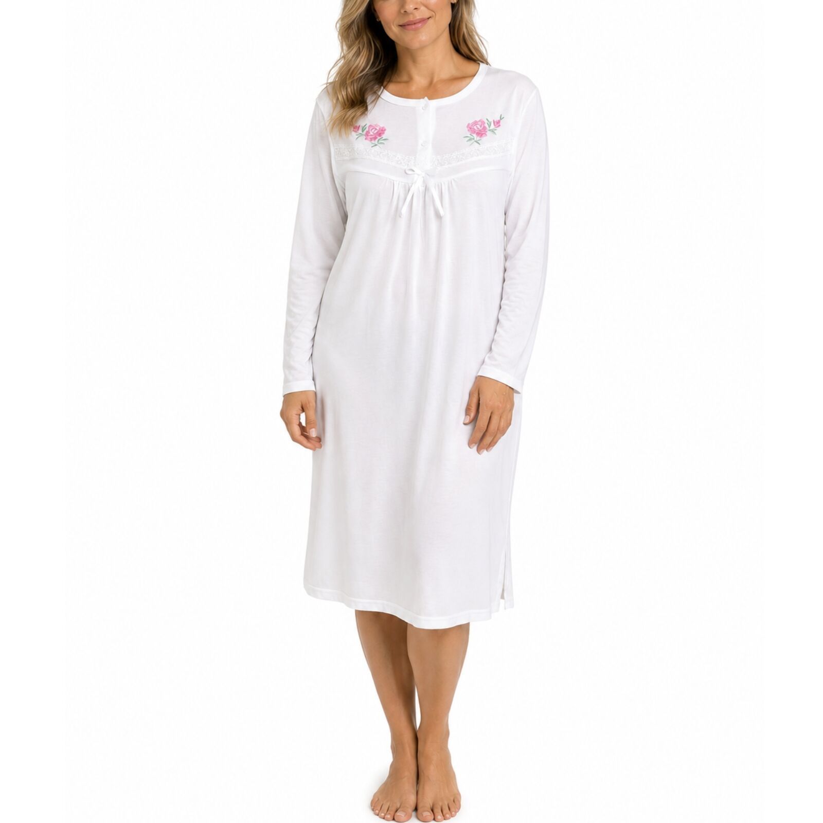 Womens Cotton Nightie Long Sleeve Night Gown Pyjamas Sleepwear Lace PJ - White - 18