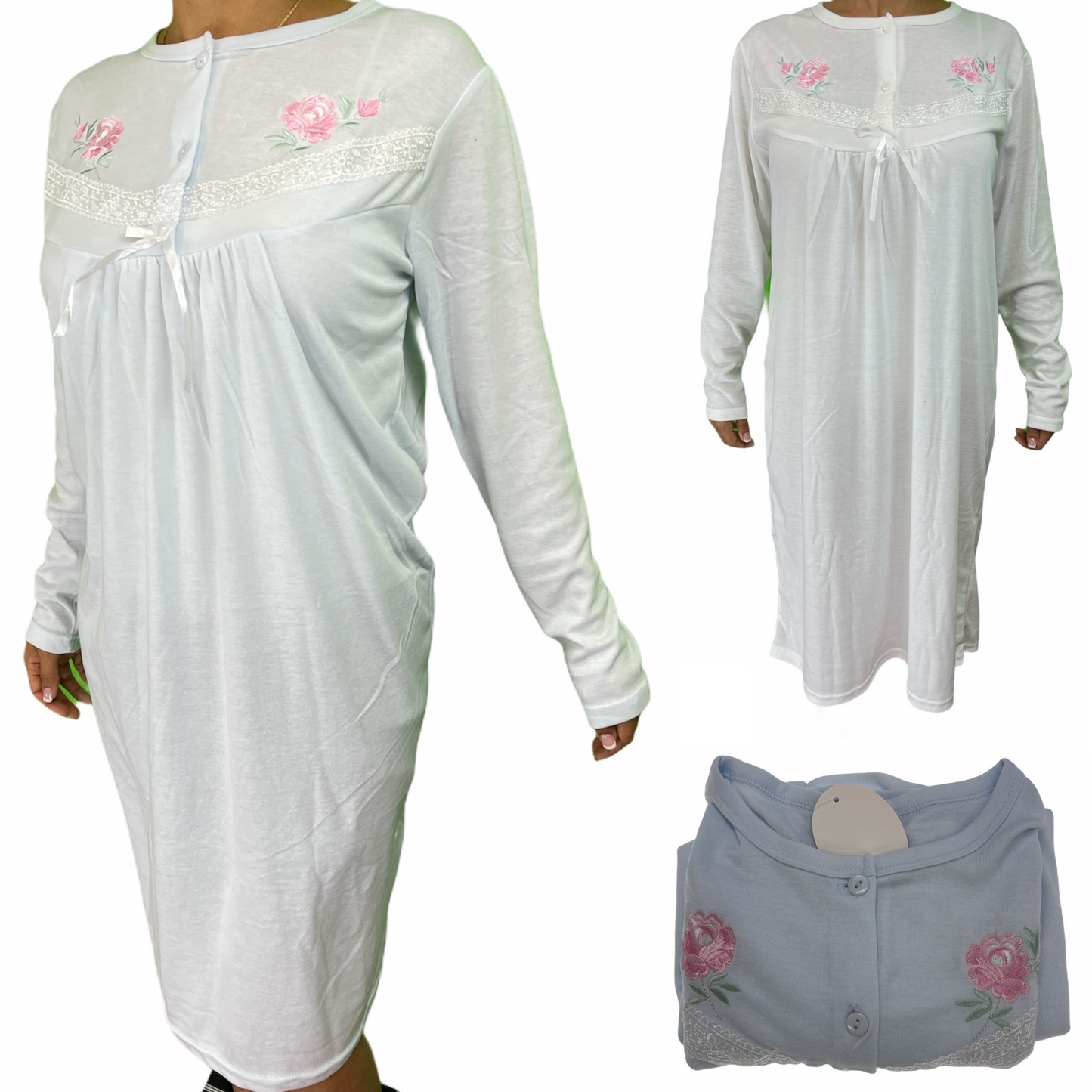 Womens Cotton Nightie Long Sleeve Night Gown Pyjamas Sleepwear Lace PJ - White - 18 V563-NI-016-WHITE-18