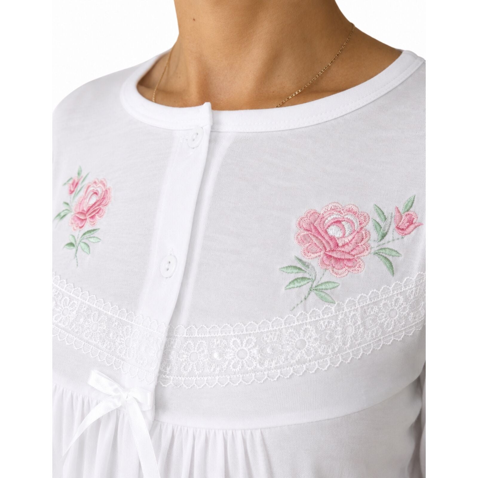 Womens Cotton Nightie Long Sleeve Night Gown Pyjamas Sleepwear Lace PJ - White - 20