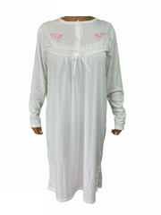 Womens Cotton Nightie Long Sleeve Night Gown Pyjamas Sleepwear Lace PJ - White - 20
