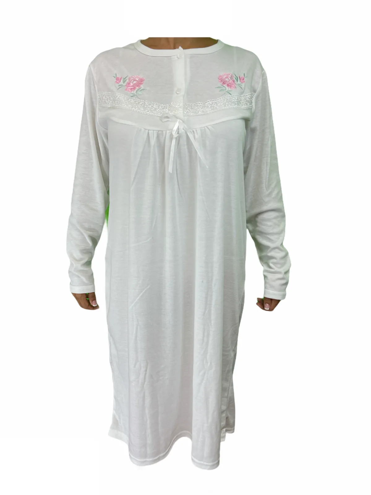 Womens Cotton Nightie Long Sleeve Night Gown Pyjamas Sleepwear Lace PJ - White - 20