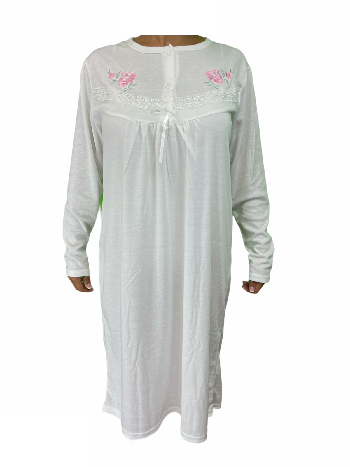 Womens Cotton Nightie Long Sleeve Night Gown Pyjamas Sleepwear Lace PJ - White - 20 V563-NI-016-WHITE-20