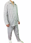 Mens Cotton Pyjama Set Long Sleeve Button Shirt Pants Sleepwear PJs - White/Blue - XL