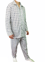 Mens Cotton Pyjama Set Long Sleeve Button Shirt Pants Sleepwear PJs - White/Blue - XL