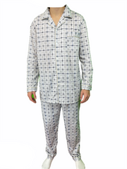 Mens Cotton Pyjama Set Long Sleeve Button Shirt Pants Sleepwear PJs - White/Blue - XL