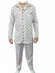 Mens Cotton Pyjama Set Long Sleeve Button Shirt Pants Sleepwear PJ - White/Brown - XL