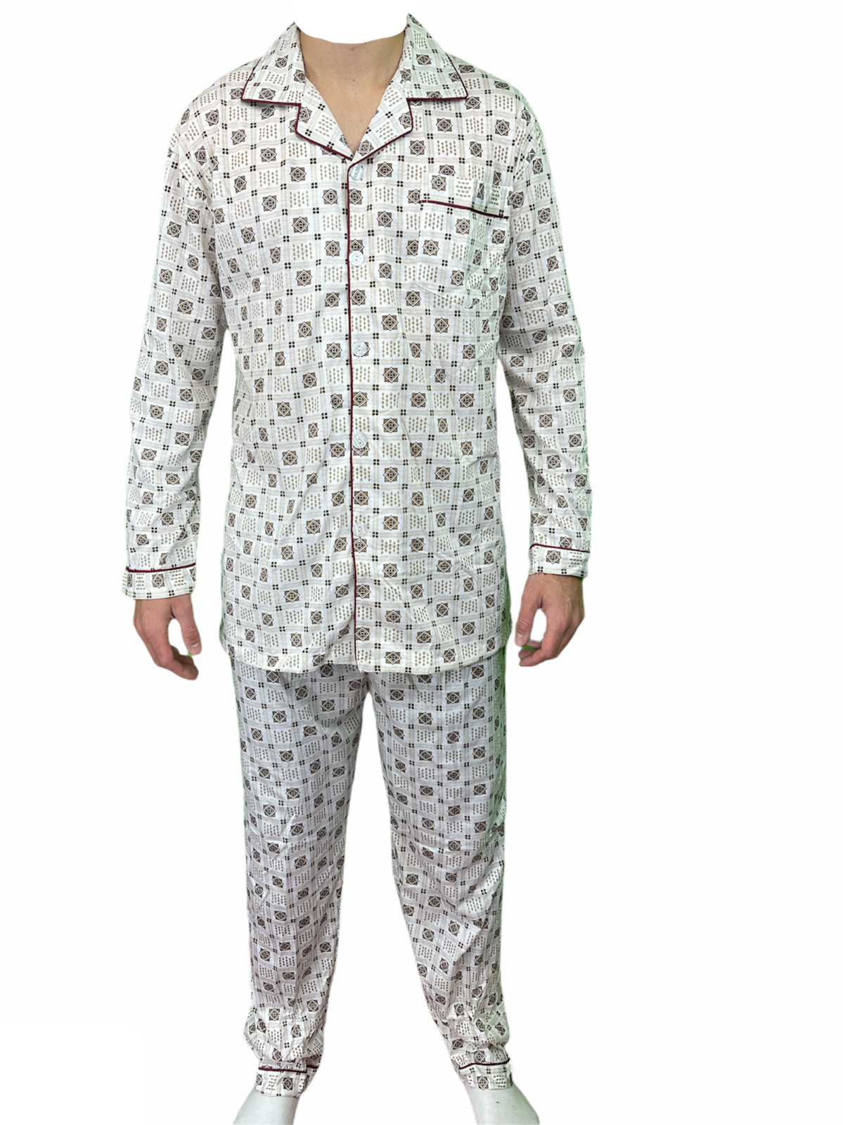 Mens Cotton Pyjama Set Long Sleeve Button Shirt Pants Sleepwear PJ - White/Brown - XXL
