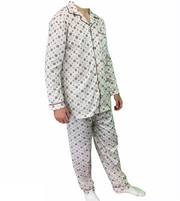 Mens Cotton Pyjama Set Long Sleeve Button Shirt Pants Sleepwear PJ - White/Brown - XXL