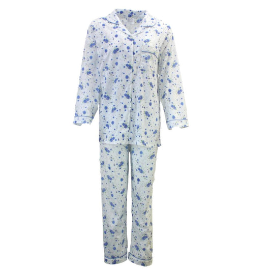 Womens Pyjama Set 100% Cotton Long Sleeve Button Up PJs Sleepwear - Blue Floral - 12 V563-NI-031-BLUE-12