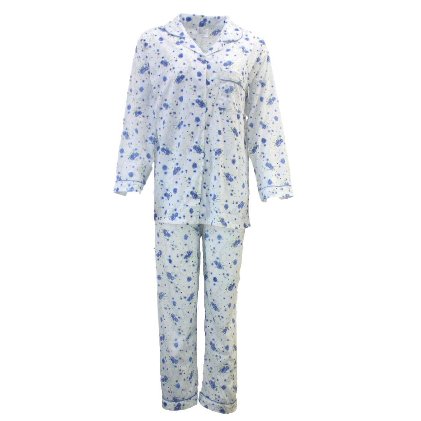 Womens Pyjama Set 100% Cotton Long Sleeve Button Up PJs Sleepwear - Blue Floral - 14