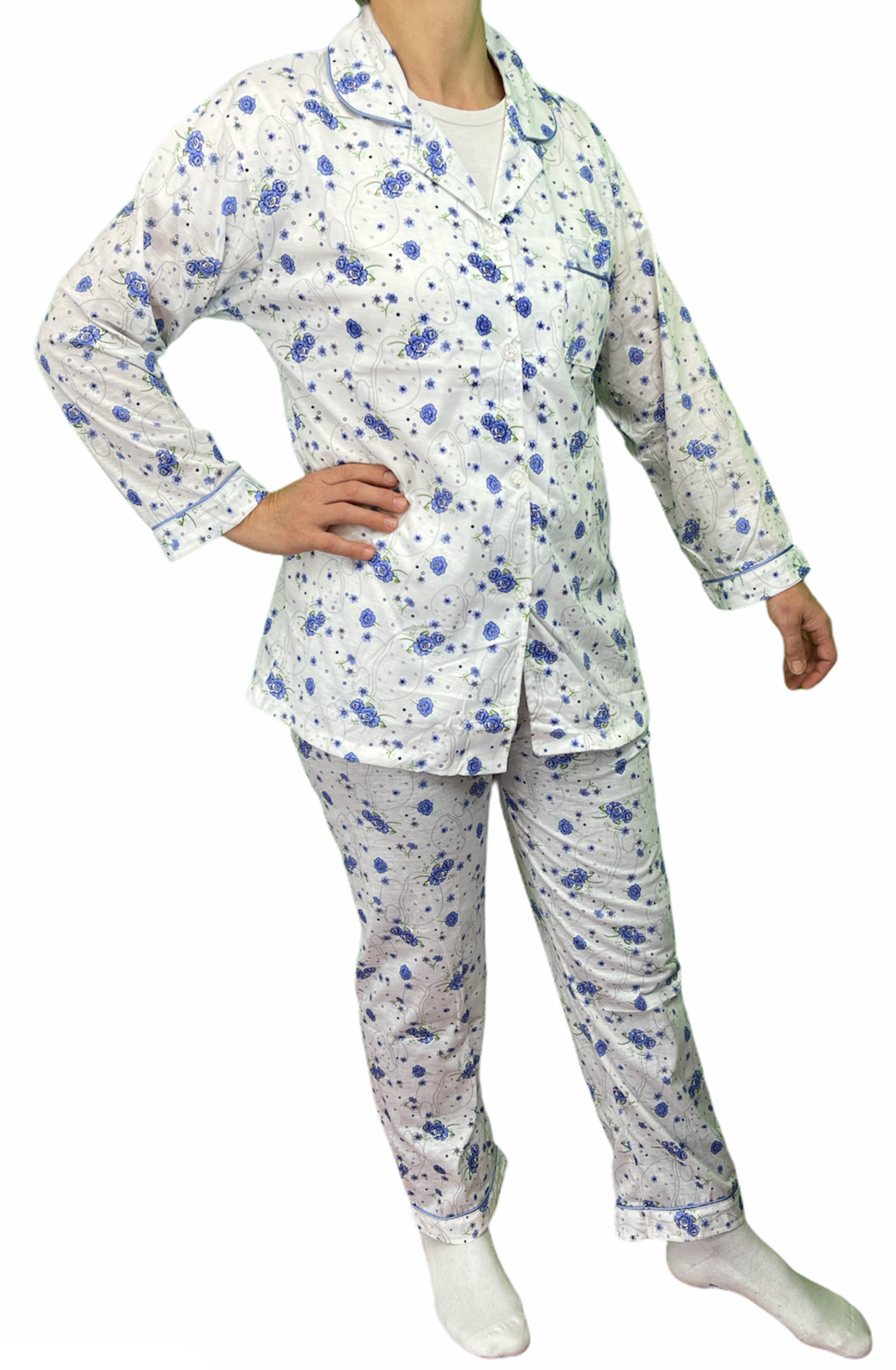 Womens Pyjama Set 100% Cotton Long Sleeve Button Up PJs Sleepwear - Blue Floral - 20