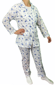 Womens Pyjama Set 100% Cotton Long Sleeve Button Up PJs Sleepwear - Blue Floral - 22