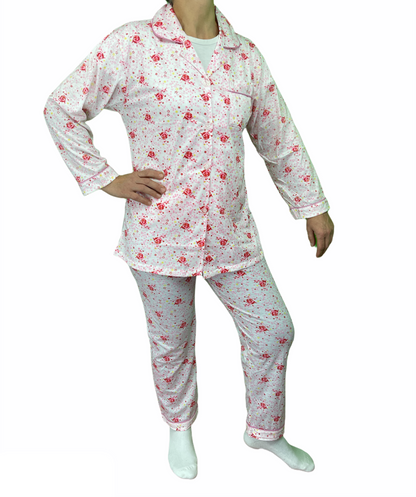 Womens Pyjama Set 100% Cotton Long Sleeve Button Up PJs Sleepwear - Pink Floral - 12 V563-NI-031-PINK-12