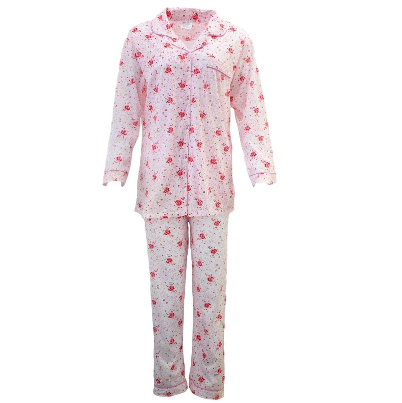Womens Pyjama Set 100% Cotton Long Sleeve Button Up PJs Sleepwear - Pink Floral - 16